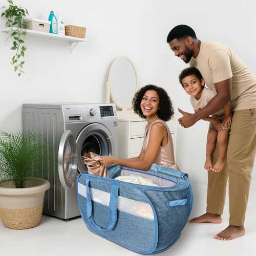 NairSnow Upgraded 100L Extra Large Mesh Pop Up Laundry Hamper with Lid and Handles. XL Closet Storage Bins, Dirty Clothes Basket for Dorm Home, Foldable Laundry Basket. Blue. H - Image 2