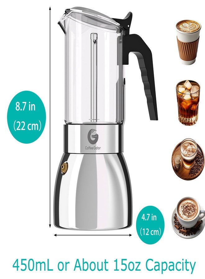 Coffee Gator 9 Cup Moka Pot, 15oz Stovetop Espresso Maker for Italian Coffee, Transparent Glass & Stainless Steel Design, Silver, 450ml - Image 4
