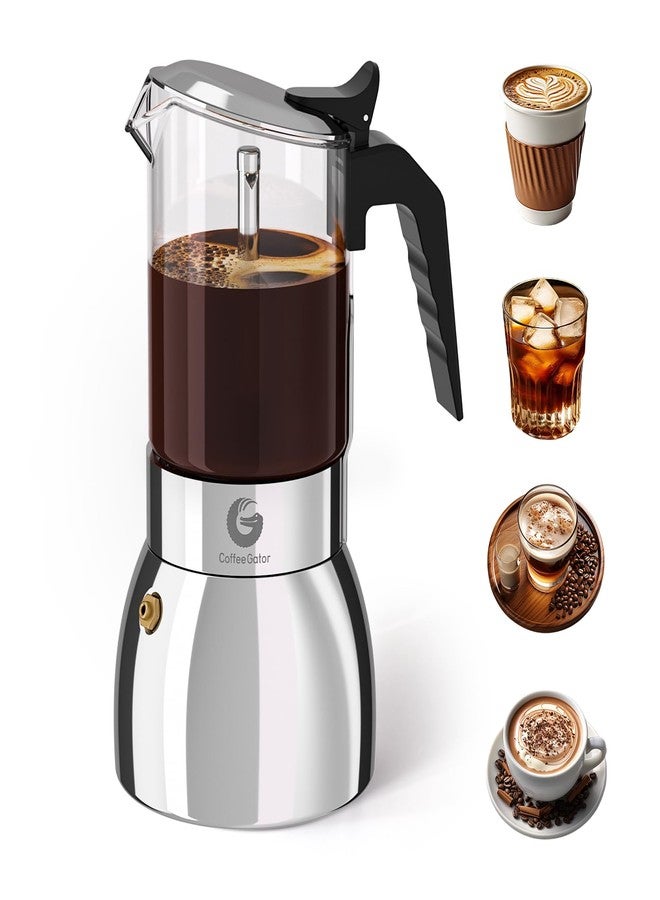 Coffee Gator 9 Cup Moka Pot, 15oz Stovetop Espresso Maker for Italian Coffee, Transparent Glass & Stainless Steel Design, Silver, 450ml - Image 1