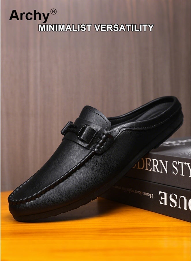 أرشي حذاء لوفر رجالي من الجلد الفاخر - أسود، سهل الارتداء، مناسب للعمل والمناسبات الرسمية | مقاوم للماء، يسمح بمرور الهواء، ومضاد للانزلاق | مريح للارتداء في الهواء الطلق، سواءً في المكتب أو في الحياة اليومية - Image 1