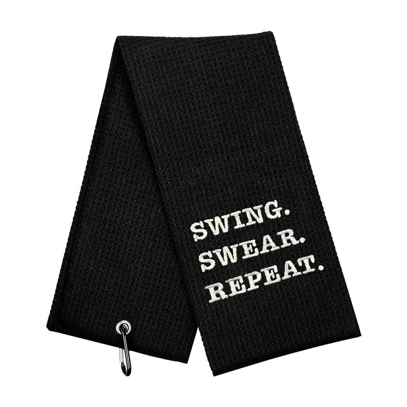 منشفة جولف مضحكة Swing Swear Repeat هدايا جولف للرجال ملحقات جولف للرجال منشفة جولف مطرزة لحقائب الجولف مع مشبك أسود