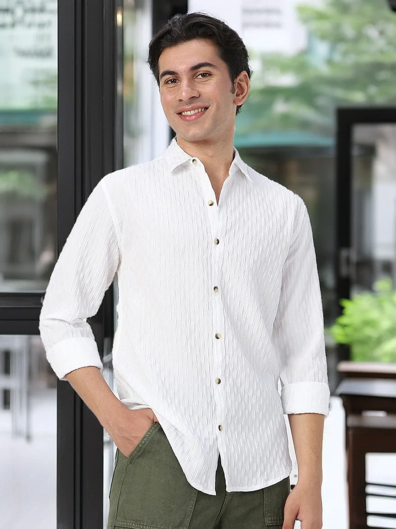 Urbano Fashion Urbano Fashion Men's White Cotton Full Sleeve Regular Fit Textured Shirt with Spread Collar
