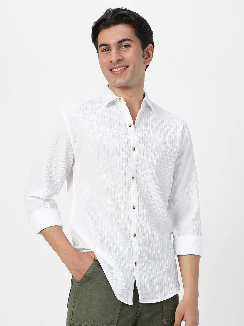 Urbano Fashion Urbano Fashion Men's White Cotton Full Sleeve Regular Fit Textured Shirt with Spread Collar