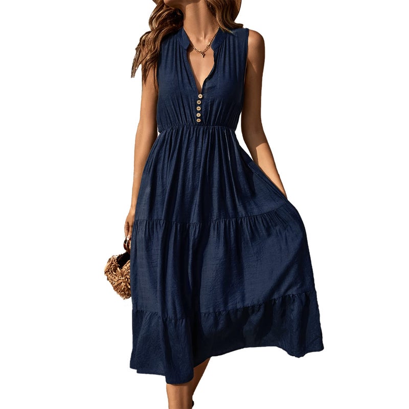 BROVAVE Womens 2026 Summer Sleeveless Shirt Dress Collar Striped V Neck Casual Midi Dresses Navy Blue - Image 1