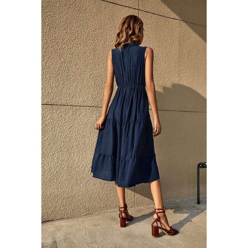 BROVAVE Womens 2026 Summer Sleeveless Shirt Dress Collar Striped V Neck Casual Midi Dresses Navy Blue - Image 2