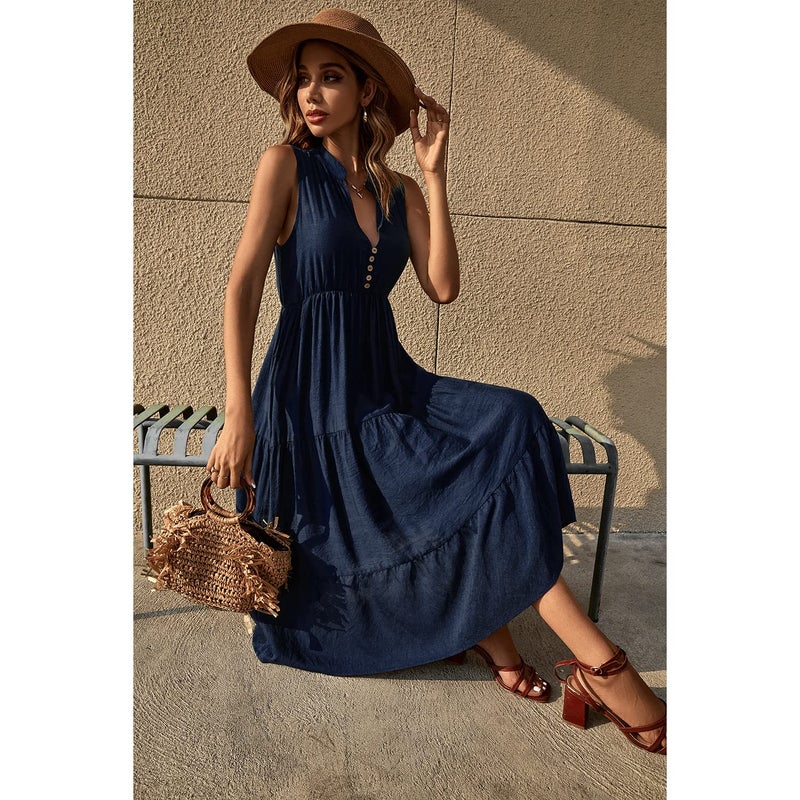 BROVAVE Womens 2026 Summer Sleeveless Shirt Dress Collar Striped V Neck Casual Midi Dresses Navy Blue - Image 5