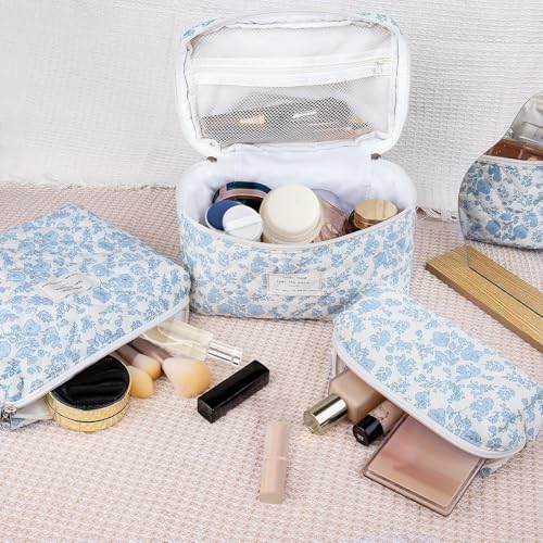 Lyrovo Makeup Organizer Cosmetic Bag Quilted Large Floral Make Up Organize Set for Women Flower Travel Toiletry Bag (Pink-Bow) - Image 5