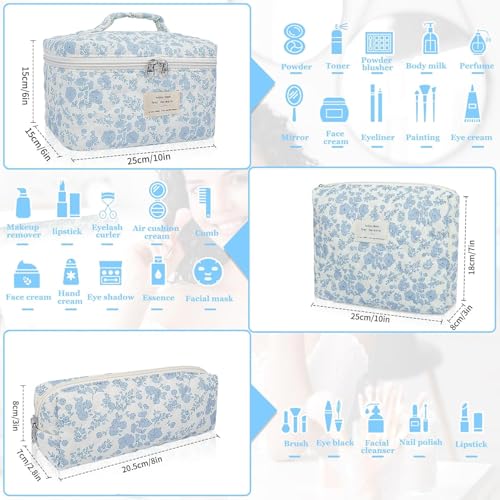 Lyrovo Makeup Organizer Cosmetic Bag Quilted Large Floral Make Up Organize Set for Women Flower Travel Toiletry Bag (Pink-Bow) - Image 2