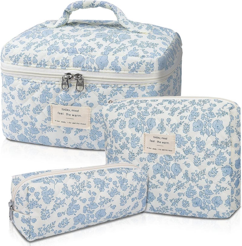 Lyrovo Makeup Organizer Cosmetic Bag Quilted Large Floral Make Up Organize Set for Women Flower Travel Toiletry Bag (Pink-Bow) - Image 1