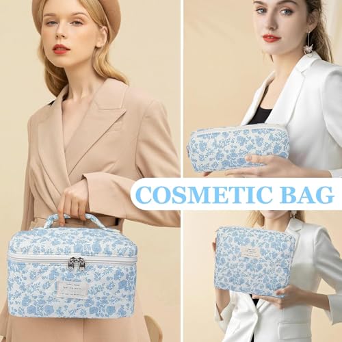 Lyrovo Makeup Organizer Cosmetic Bag Quilted Large Floral Make Up Organize Set for Women Flower Travel Toiletry Bag (Pink-Bow) - Image 4