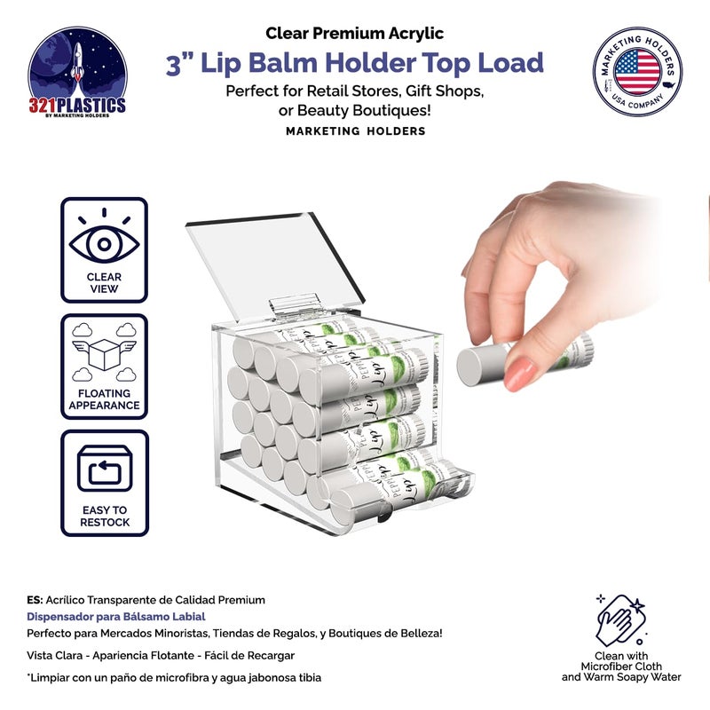 Marketing Holders Clear Acrylic Lip Balm Dispenser Retail Or Home Freestanding Countertop Display With Hinged Lid For Lipsticks Glosses Chapsticks Or Essential Oils - Image 2