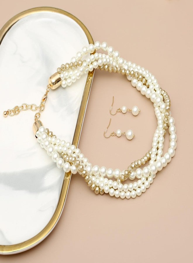 S SUSANN costume pearl necklace choker set layered Twisted pearl necklace and earring good gift for women (golden choker 2(medium-size)), Glass, cluster-setting - Image 5