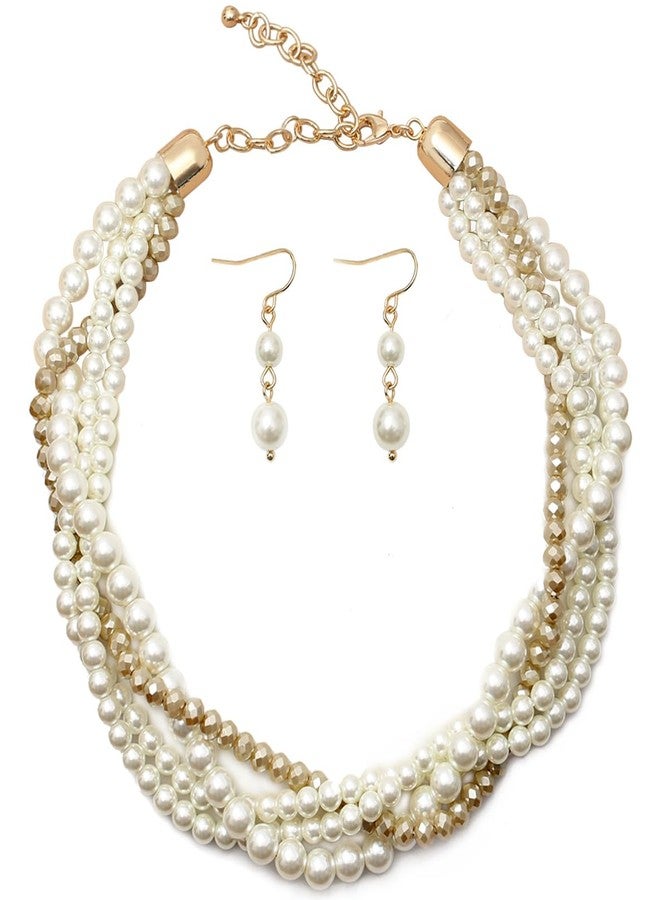S SUSANN costume pearl necklace choker set layered Twisted pearl necklace and earring good gift for women (golden choker 2(medium-size)), Glass, cluster-setting - Image 1