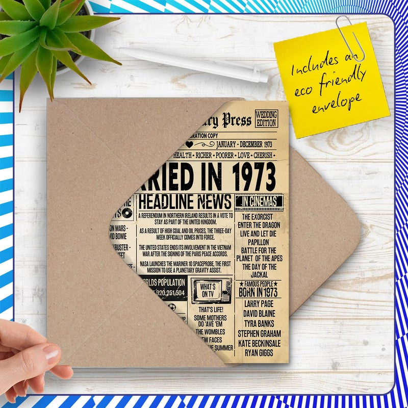 Stuff4 بطاقة الذكرى السنوية 53 للرجال والنساء - صحيفة عتيقة متزوجة في 1973-53 سنة بطاقة ذكرى زفاف للزوجة الشريكة والزوج الرفيق A5 بطاقات تهنئة بالذكرى السنوية - Image 5