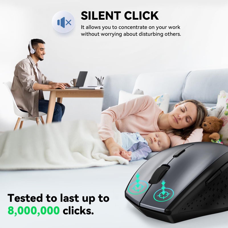 TECKNET Wireless Mouse, 2.4G USB Computer Mouse with 6-Level Adjustable 4800 DPI, Silent Quiet Clickï¼Œ30 Months Battery, Ergonomic Grips, 6 Buttons Portable for PC, Chromebook, Mac - Grey - Image 3