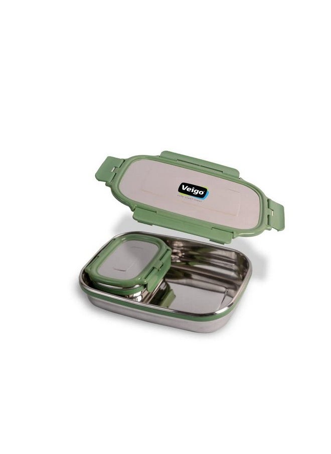 Veigo - Veigo Jumbo 950 ml Stainless Steel School Tiffin with 180 ml Veg Box | Detachable Clips | Leakproof & Airtight | Durable Stainless Steel Lid | Military Green - Image 1