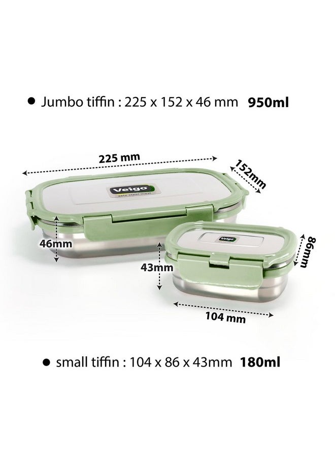 Veigo - Veigo Jumbo 950 ml Stainless Steel School Tiffin with 180 ml Veg Box | Detachable Clips | Leakproof & Airtight | Durable Stainless Steel Lid | Military Green - Image 1