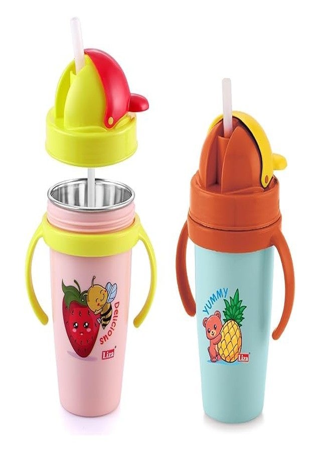 Zerya Gravity 2pc Inner Stainless Steel Outer Plastic 360ml BPA-Free Cute Animal Design Baby Sipper Kids Water Bottle with Straw and Side Handle for Kids (Pink&Blue) - Image 1