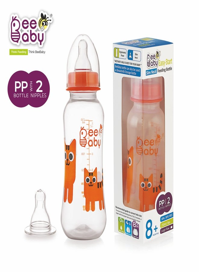 بي بيبي زجاجة رضاعة الأطفال BeeBaby Easy Start ذات العنق النحيف مع حلمتين من السيليكون المضاد للمغص واللطيف الملمس، مناسبة للأطفال حديثي الولادة والرضع والأطفال الصغار، خالية من مادة BPA بنسبة 100%، مناسبة للأطفال من عمر 8 أشهر فما فوق (250 مل، برتقالي، عبوة من قطعة واحدة) - Image 2