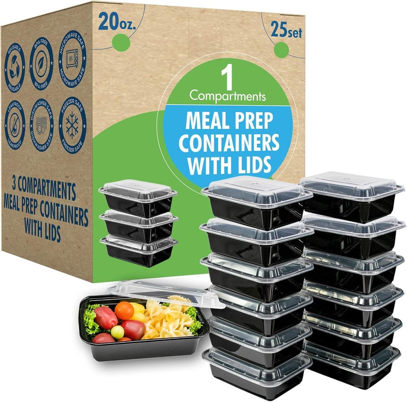 SafeWare 25 حزمة من حاويات تحضير الوجبات سعة 20 أونصة مع أغطية - أسود، خالية من مادة BPA، محكمة الإغلاق، مقاومة للتسرب، آمنة للاستخدام في الميكروويف والفريزر وغسالة الأطباق، قابلة للتكديس، مثالية للغداء، تحضير الطعام، التحكم في الحصص - Image 1
