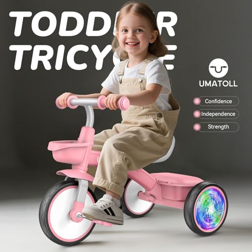 Umatoll Toddler Tricycle for 18 Month to 4 Year Old GirlsToddler Bike Toys with Adjustable SeatLightUp WheelsBirthday Gift for Age 23 Pink - Image 5