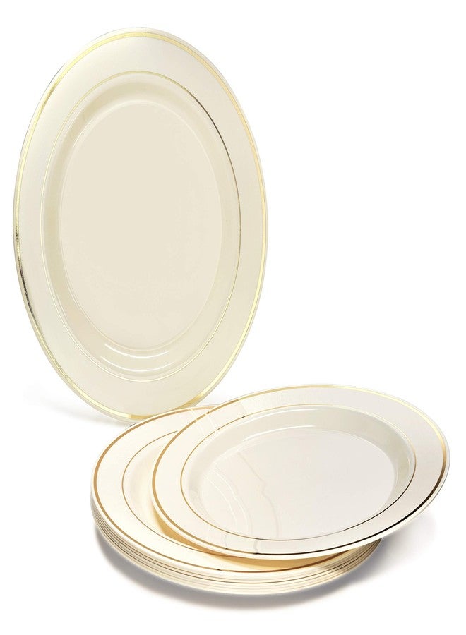 OCCASIONS FINEST PLASTIC TABLEWARE " OCCASIONS " 50 Plates Pack, Heavyweight Premium Disposable Plastic Plates Set (25 x 10.5'' Dinner + 25 x 6.25'' Cake plates) Ivory & Gold Rim - Image 3