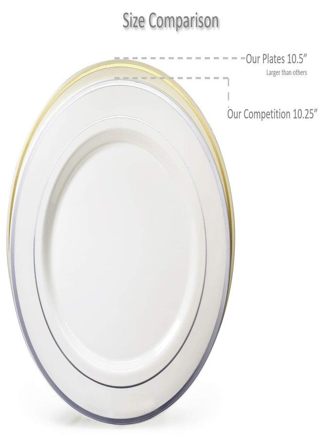 OCCASIONS FINEST PLASTIC TABLEWARE " OCCASIONS " 50 Plates Pack, Heavyweight Premium Disposable Plastic Plates Set (25 x 10.5'' Dinner + 25 x 6.25'' Cake plates) Ivory & Gold Rim - Image 5