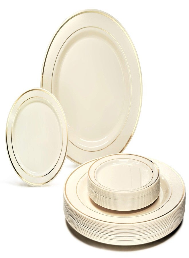 OCCASIONS FINEST PLASTIC TABLEWARE " OCCASIONS " 50 Plates Pack, Heavyweight Premium Disposable Plastic Plates Set (25 x 10.5'' Dinner + 25 x 6.25'' Cake plates) Ivory & Gold Rim - Image 1
