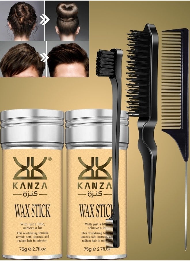 Kanza - 2 Pcs Hair Wax Stick 75gx2 with Comb Set 3 PCS Edge Control Brush Hair Slick Stick Wax Stick for Hair Bristle Brush for Flyaways Teasing Brush for Hair Styling for Baby Hair and Edge Anti Frizz Hair - Image 1