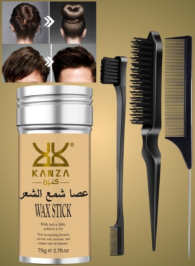 Kanza Hair Wax Stick 75g with Comb Set 3 PCS Edge Control Brush Hair Slick Stick Wax Stick for Hair Bristle Brush for Flyaways Teasing Brush for Hair Styling for Baby Hair and Edge Anti Frizz Hair - Image 1
