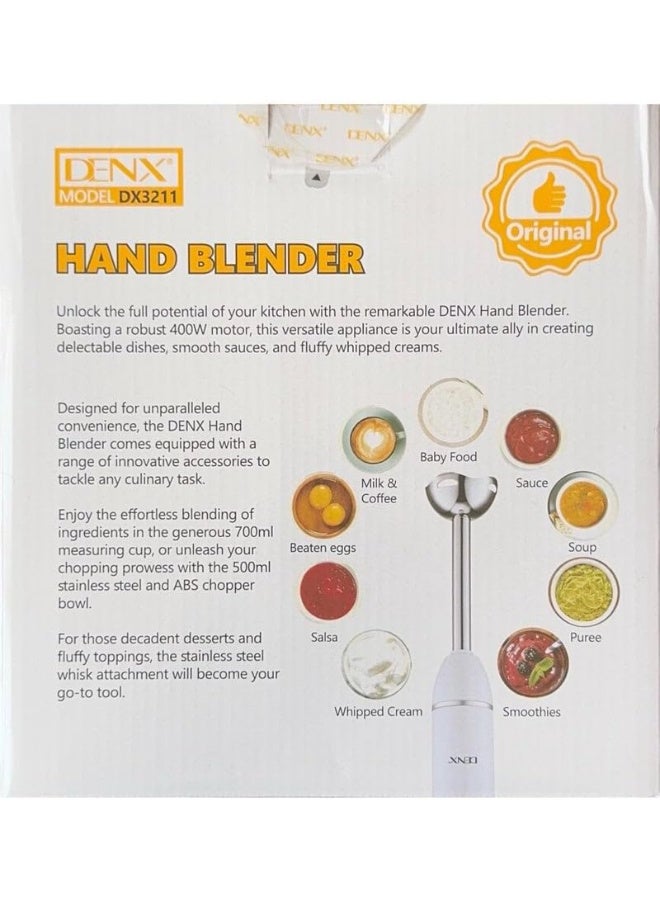 Denx 4-in-1 Electric Hand Blender 400W Stick Mixer with 500ml Chopper, 700ml Measuring Cup & Inox Whisk | Multi-Function Hand Blender with Stainless Steel Blades for Smoothies, Soups & Juices DX3211 - Image 5