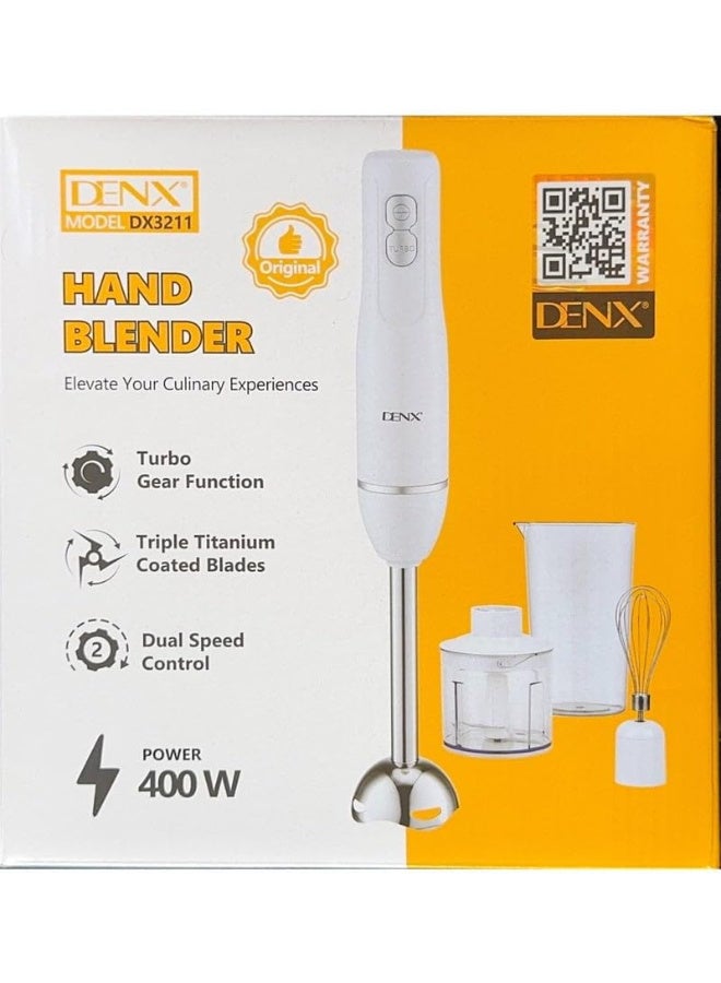 Denx 4-in-1 Electric Hand Blender 400W Stick Mixer with 500ml Chopper, 700ml Measuring Cup & Inox Whisk | Multi-Function Hand Blender with Stainless Steel Blades for Smoothies, Soups & Juices DX3211 - Image 1