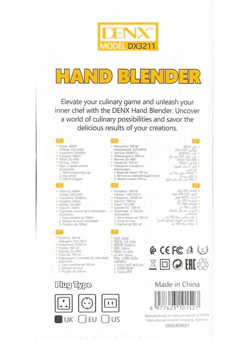 Denx 4-in-1 Electric Hand Blender 400W Stick Mixer with 500ml Chopper, 700ml Measuring Cup & Inox Whisk | Multi-Function Hand Blender with Stainless Steel Blades for Smoothies, Soups & Juices DX3211 - Image 4