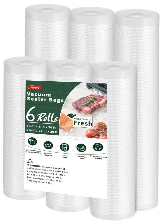 Aotto Vacuum Sealer Bags for Food - 6 Pack 8"x20' (3Rolls) and 11"x20' (3Rolls) Commercial Grade BPA Free Vacuum Seal Bags for Food Storage, Meal Prep and Sous Vide - Image 1