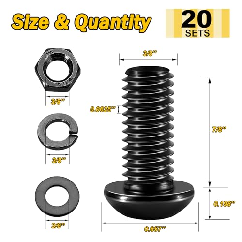 MYWISH (20Sets) 3/8-16 Bolt x 7/8" Button Head Socket Cap Bolts Screws, Black Oxide 304 Stainless Steel Nuts and Bolts, 18-8 Allen Screws, Nuts and Bolts Assortment Kit, Hex Spanner by Mywish - Image 2