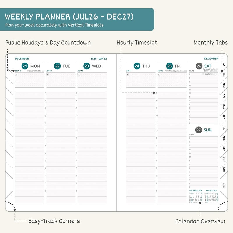 BEZEND Planner 2026-2027 Weekly and Monthly (8.5" x 11") Academic Year Calendar with Tabs (Jul 26-Dec 27) Daily Column & Hourly Timeslots, Thick Paper, Storage Pocket, Leather Hardcover - Sky Blue - Image 2