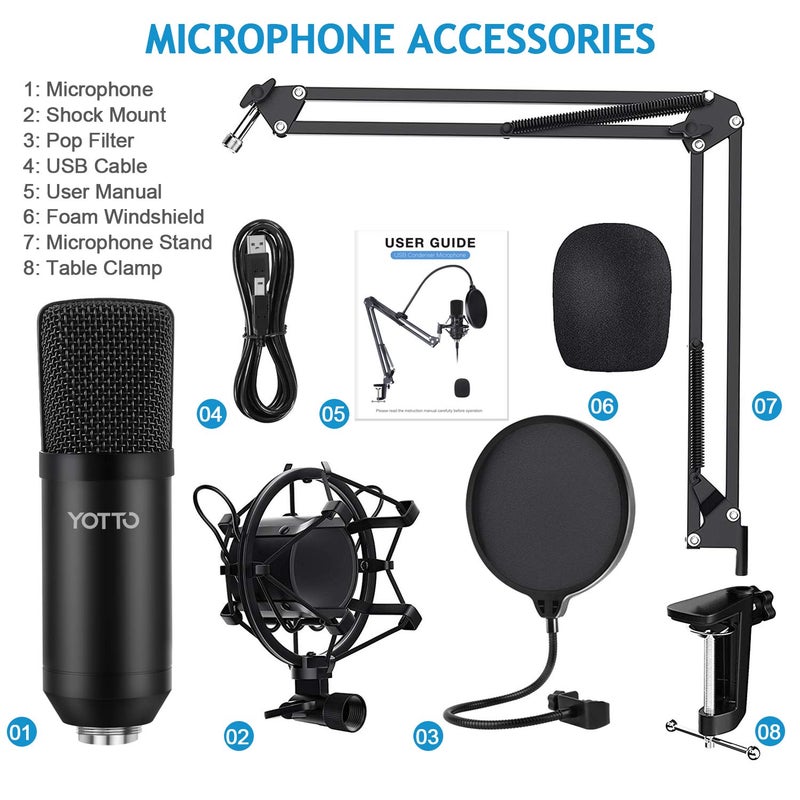 YOTTO USB Microphone Kit 192KHZ/24BIT Plug & Play Computer PC Microphone Studio Streaming Cardioid Mic with Boom Arm Shock Mount Pop Filter for Recording Broadcasting YouTube Gaming Voice - Image 2