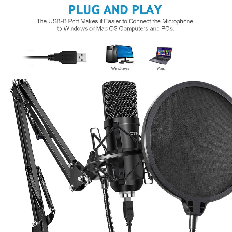 YOTTO USB Microphone Kit 192KHZ/24BIT Plug & Play Computer PC Microphone Studio Streaming Cardioid Mic with Boom Arm Shock Mount Pop Filter for Recording Broadcasting YouTube Gaming Voice - Image 3