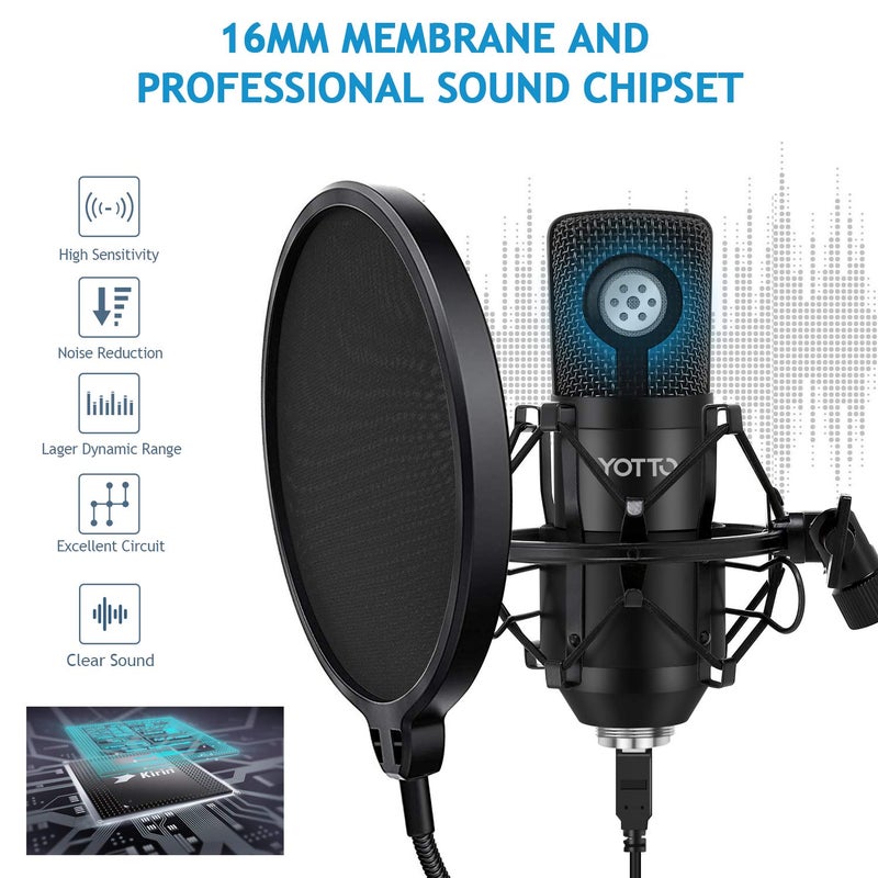 YOTTO USB Microphone Kit 192KHZ/24BIT Plug & Play Computer PC Microphone Studio Streaming Cardioid Mic with Boom Arm Shock Mount Pop Filter for Recording Broadcasting YouTube Gaming Voice - Image 4