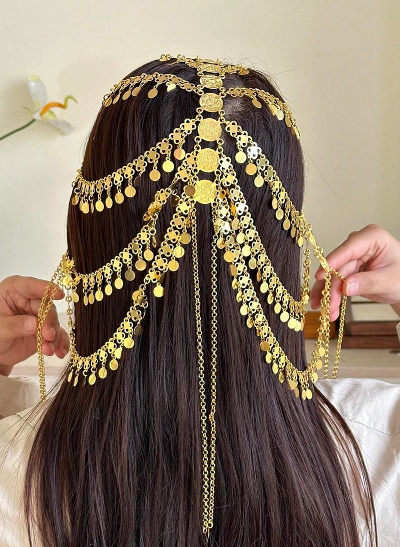 اكسسوار طوق رأس للاحتفال بيوم التأسيس واليوم الوطني السعودي بسلاسل ذهبية  بتصميم عملات - Image 1