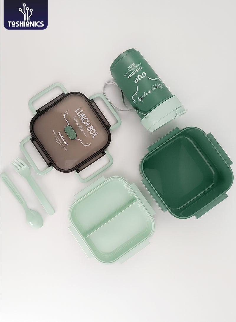 Toshionics Lunch Box Set 1.2L with 500ml Tumbler – Bento Meal Box with 2 Stackable Layers, 3 Compartments, Spoon and Fork– Freezer and Dishwasher Safe, Leakproof and Airtight with Triple Compartment, BPA-Free, Lightweight, Durable and Recyclable Food Container for Adults and Kids – Home, Office, School, Daycare, Travel – Back to School Lunchbox, 14x14x6 cm - Image 1