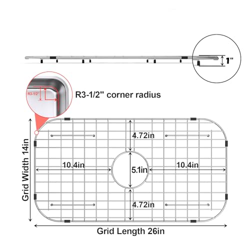 Rurayati Sink Protector Grid 26-1/16" x 14-1/16", Rear Drain with Corner Radius 3-1/2", 304 Stainless Steel Material Rear Drain - Image 2