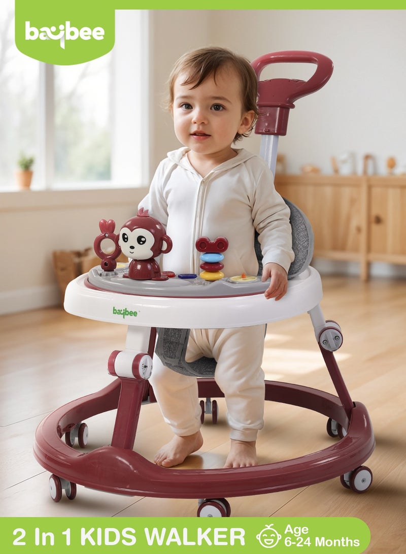 BAYBEE Drono Pro Baby Walker For Kids, Round Kids Walker With Parental Push Handle, 4 Seat Height, Baby Push Walker With Tray & Musical Toy Bar Toddler Walker For Baby 6-18 Months Boy Girl Red - Image 1