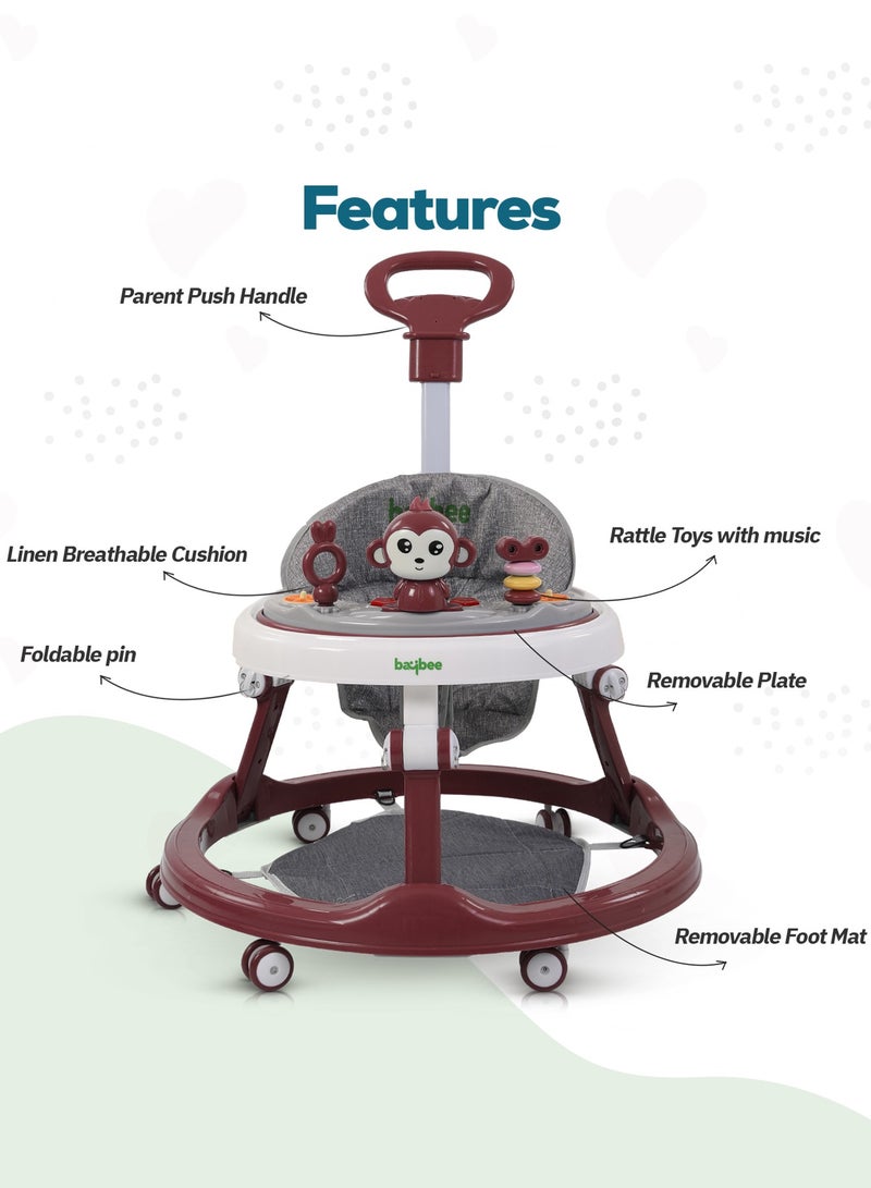 BAYBEE Drono Pro Baby Walker For Kids, Round Kids Walker With Parental Push Handle, 4 Seat Height, Baby Push Walker With Tray & Musical Toy Bar Toddler Walker For Baby 6-18 Months Boy Girl Red - Image 2