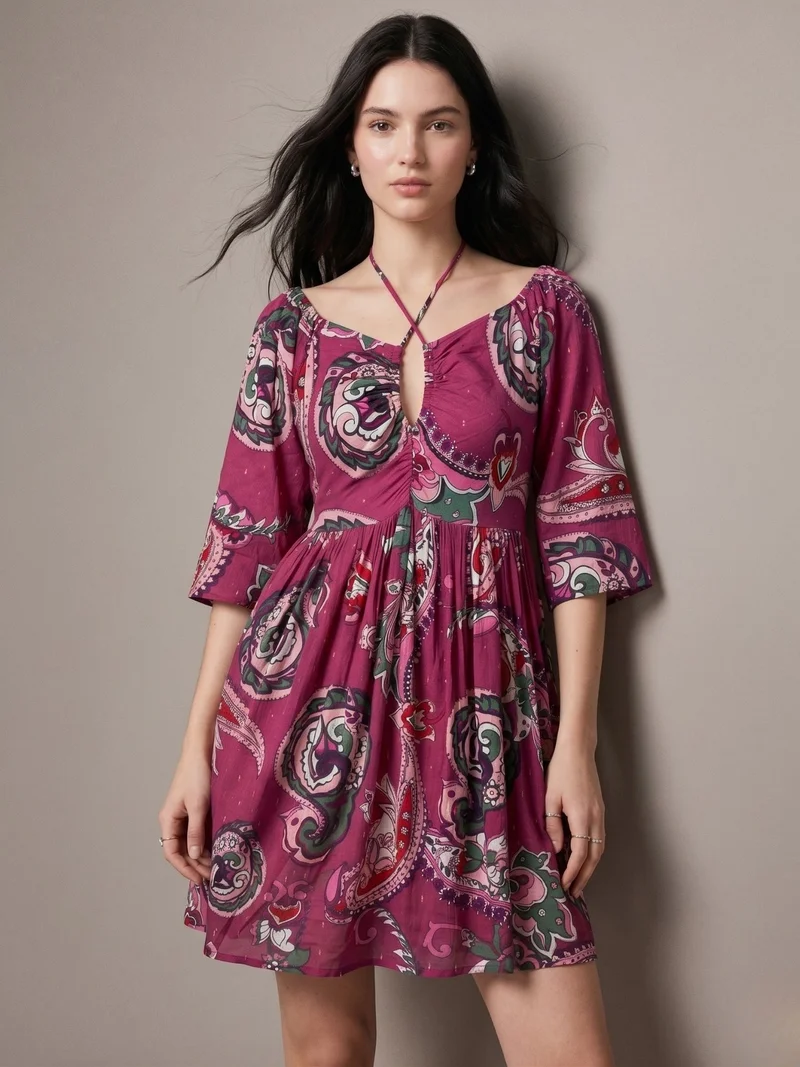 Purple Mini Printed Lurex Dress With Necktie Details