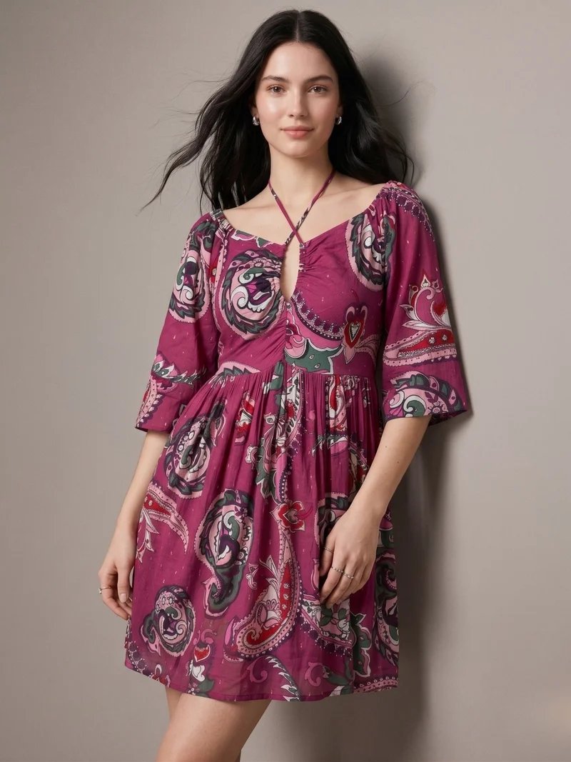 Outzidr  Purple Mini Printed Lurex Dress With Necktie Details for Women | Best Price UAE
