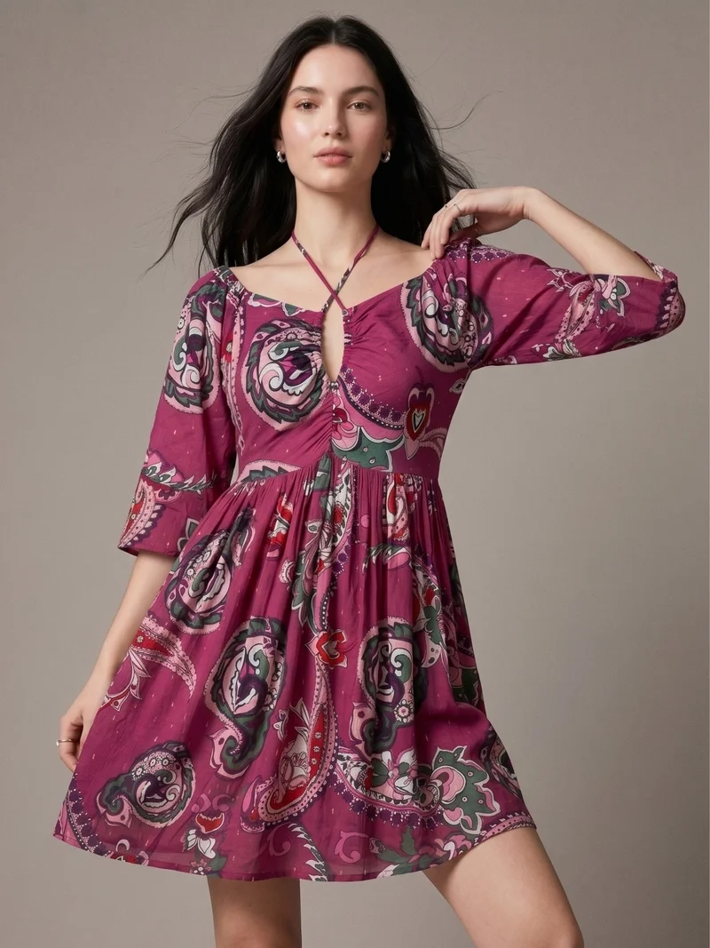 Outzidr  Purple Mini Printed Lurex Dress With Necktie Details for Women | Best Price UAE