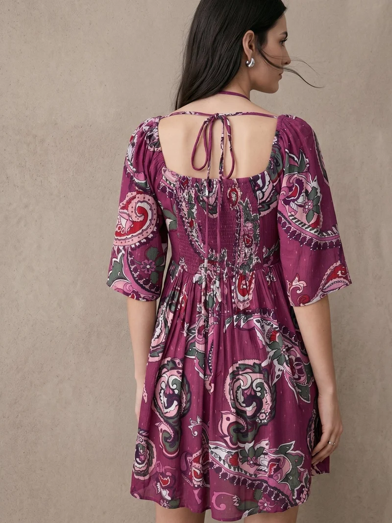 Outzidr  Purple Mini Printed Lurex Dress With Necktie Details for Women | Best Price UAE