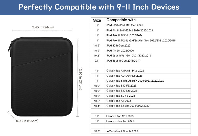Dadanism 9-11" Tablet Sleeve Bag Carrying Case for iPad (A16) 11th Gen 11", iPad 10th Gen 10.9" Air 5/4, iPad Air M4/Pro 11", iPad 9/8/7th, Galaxy Tab A11+ Plus 11", Remarkable 2 10.3", Black - Image 2