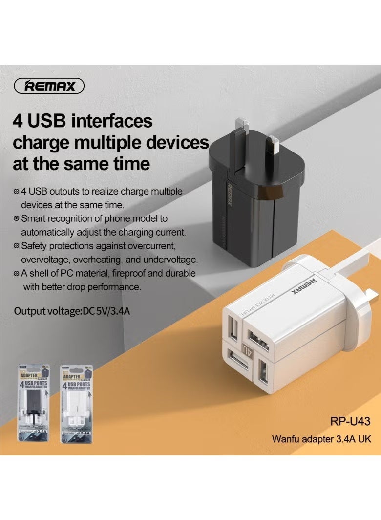 REMAX PD QC 3.4 USB A Fast Charger Adapter, 4 Ports USB A Compatible with Samsung Galaxy S23/S22, Iphone 15/14/13 Pro Max, MacBook, Ipad, Laptop, OnePlus, etc. (White) - Image 3